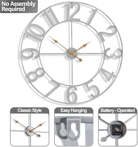 Sorbus Large Wall Clock, Metal Frame, Battery Powered - Image 4
