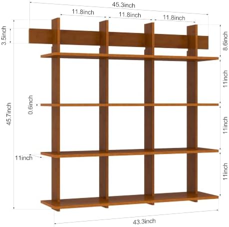 Lauxery 4-Tier Bamboo Wall Mounted Bookshelf, Rustic Brown, 43x53 in - Image 2