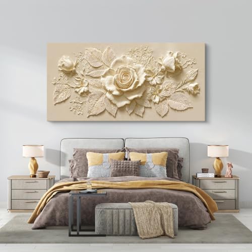 I@U Large Beige Floral Rose Canvas Wall Art Decor - Image 2