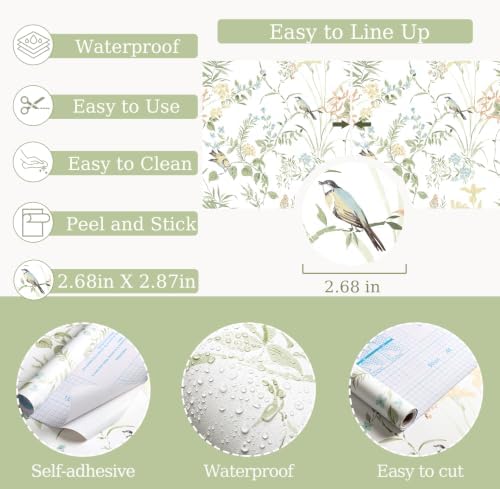 Erfoni Boho Floral Peel and Stick Wallpaper Green Floral Birds Wallpaper - Image 5
