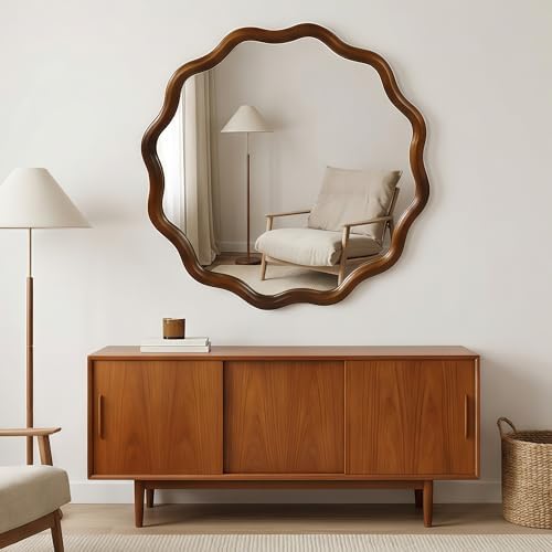 GDFStudio 36 Inch Wavy Round Solid Wood Frame Mirror, Bohemian Decorative Wall - Image 3
