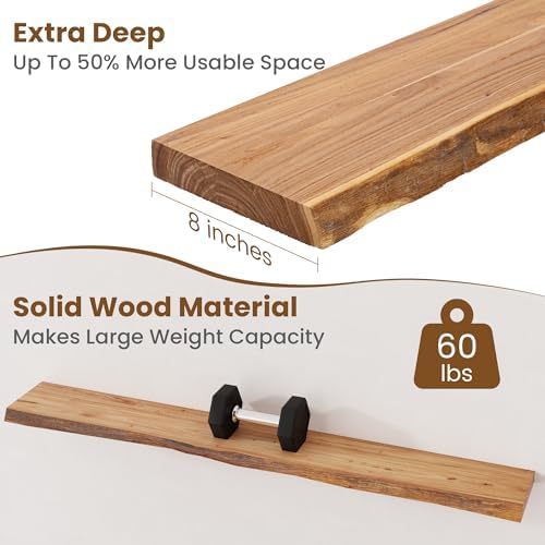 FLYJOE Floating Shelves for Wall Decor, Rustic Solid Elm Wood Live Edge - Image 5