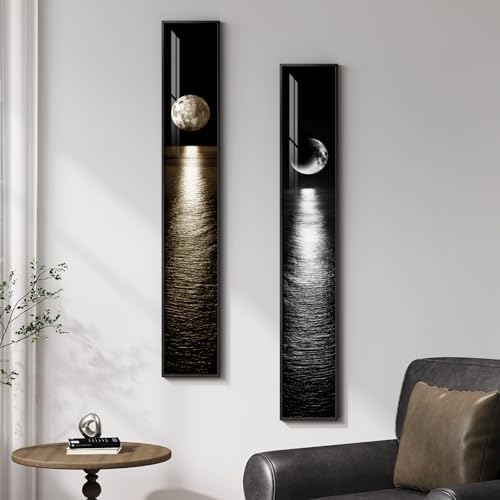 Framed Vertical Black White Gold Moon Landscape Wall Art Decor, 2 Pieces - Image 3