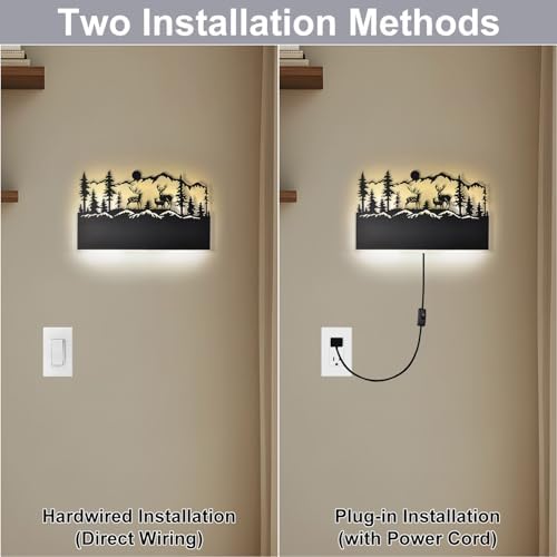 LED Wall Sconce Indoor, Deer Black Rustic Plug in Wall Sconces Farmhouse - Image 4