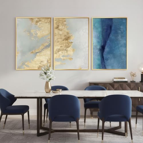 Large Framed Blue Gold Abstract Wall Art - Image 2
