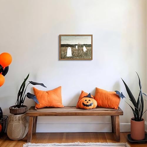 Framed Vintage Halloween Wall Art, Cute Ghost Meadow Painting, Rustic Landscape - Image 2