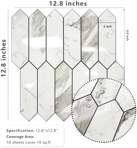 Vamos Tile Glossy Carrara White Backsplash Tile Peel and Stick, 12.8 x 12.8 - Image 5