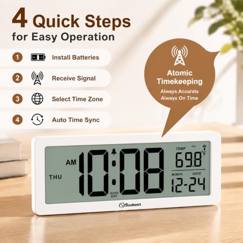 Soobest 8.5" Small Atomic Clock, Self-Setting Time & Date Battery Operated - Image 4