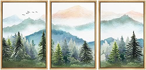 MUDECOR Framed Canvas Print Wall Art Set Watercolor Pastel Mountain Range Pine by MUDECOR