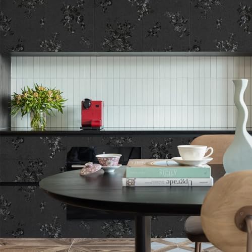 Black Peel and Stick Wallpaper Silk Embossed Floral 393in17.7in - Image 2