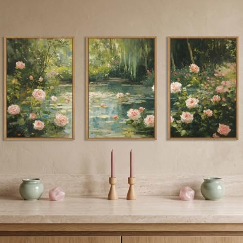 Aryroi Monet Garden Water Lilies Framed Canvas Wall Art Set, Impressionist Pond - Image 3