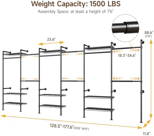 ONBRILL H6 Wall Mounted Closet System, Industrial Pipe Clothes Rack - Image 2
