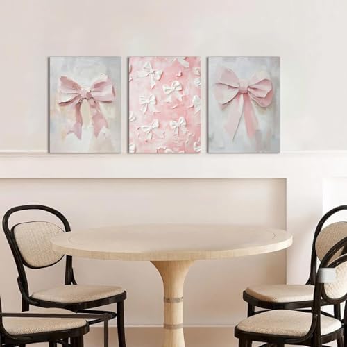 Pink Bow Canvas Wall Art Set of 3 Coquette Oil Painting Cute Bow Posters Wall - Image 5