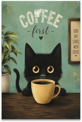 Coffee Cat Poster Black Cat Coffee Lover Vintage Canvas Wall Art by Unknown