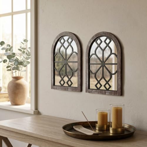 Set of 2 Arched Window Wall Mirror, Rustic Farmhouse Accent Mirror by Azonsdop