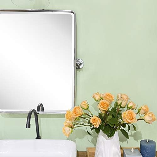 Farmhouse Chrome Metal Framed Pivot Rectangle Bathroom Mirror Rounded - Image 5