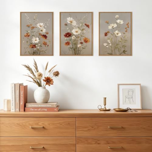 BINCUE Vintage Flower Wall Art Canvas Rustic Wildflower Artwork Neutral - Image 3