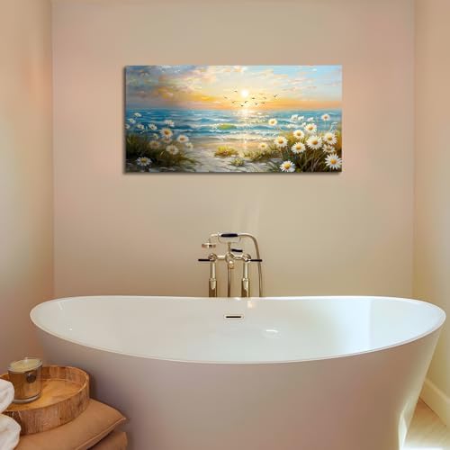 SERIMINO Sunset Landscape Wall Art, Coastal Floral Canvas Painting 20"X40" - Image 4