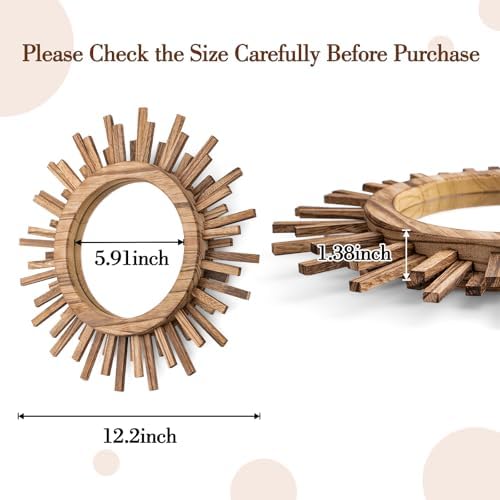 12 Inch Boho Sunburst Mirror, Round Wooden Wall Decor Starburst Sun Mirror - Image 3