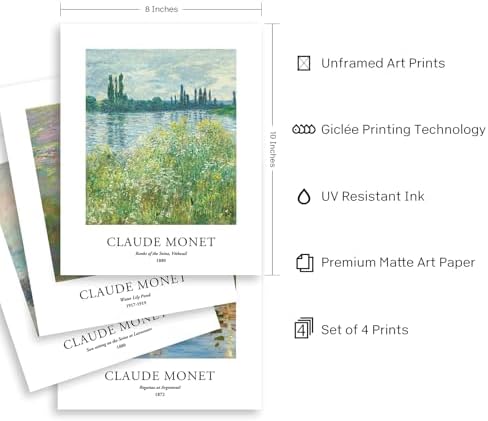 EVOLE HOME Claude Monet Giclee Art Prints Set of 4, 8x10 Unframed Seine Water - Image 3