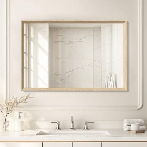Oak Wood Effect Framed Wall Mirror, 24x36 Rectangle Mirror by Ultrue