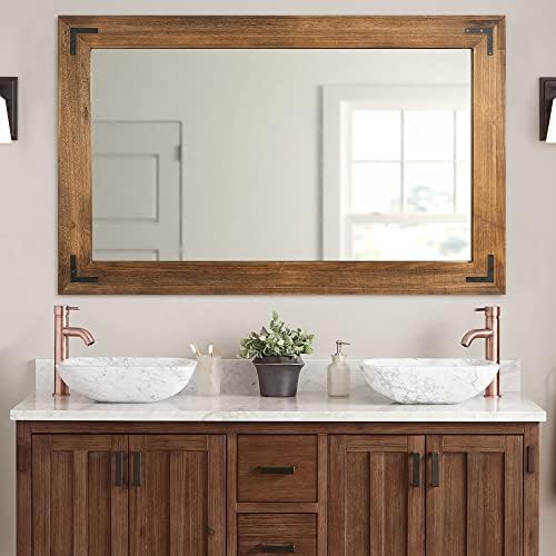 YOSHOOT Rustic Wooden Framed Wall Mirror, Natural Wood Bathroom Vanity Mirror by YOSHOOT