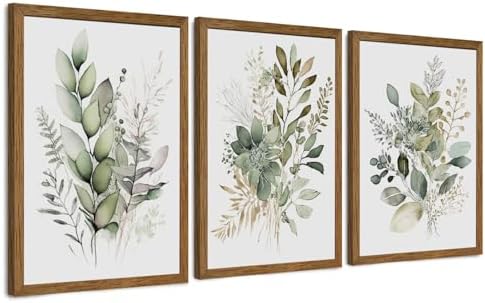 AVECCO 3 Pieces Green Watercolor Botanical Framed Canvas Wall Art 16x24 in by Unknown
