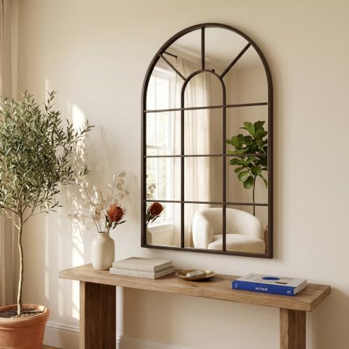 Brown Arched Windowpane Mirror 32x20 Inch, Bathroom Mirror Vanity Mirror by SalkalaDecor