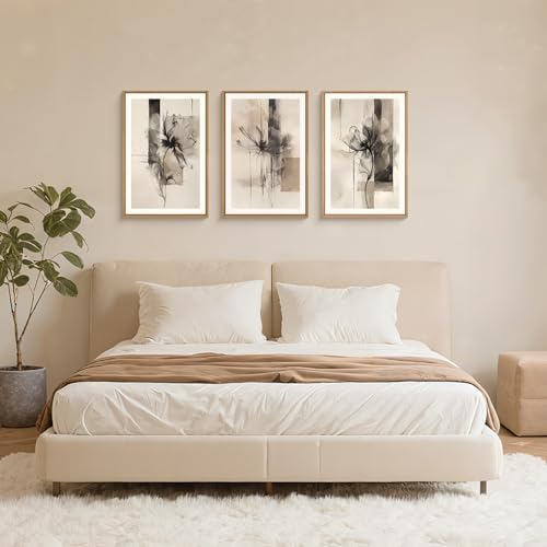 FWIEXA Black Beige Floral Canvas Wall Art Set 3, Neutral Abstract Framed Prints - Image 5