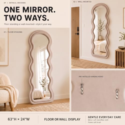 BOJOY Full Length Mirror 63"x24", Irregular Wavy Mirror, Wave Arched Floor - Image 6
