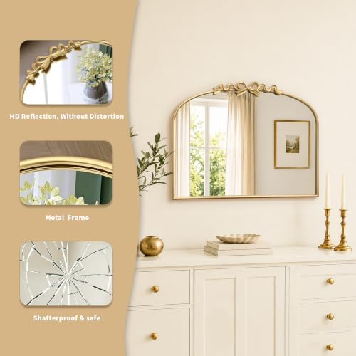 Besdomus Antique Arched Gold Mirror: 32"x24" Vintage Bow Wall Vanity Mirror - Image 3