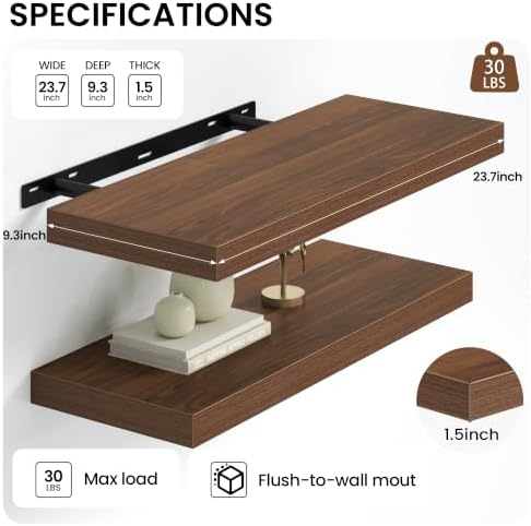 Heimlove Floating Shelves 23.6" W x 9.3" D Walnut Set of 2 - Image 3