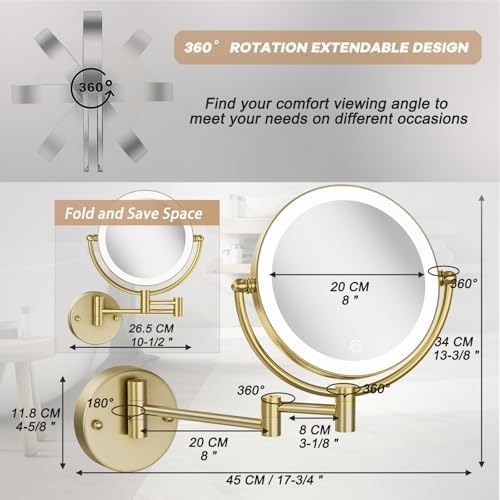 8 Inches Brass Lighted Makeup Mirror Wall Mounted - Image 5