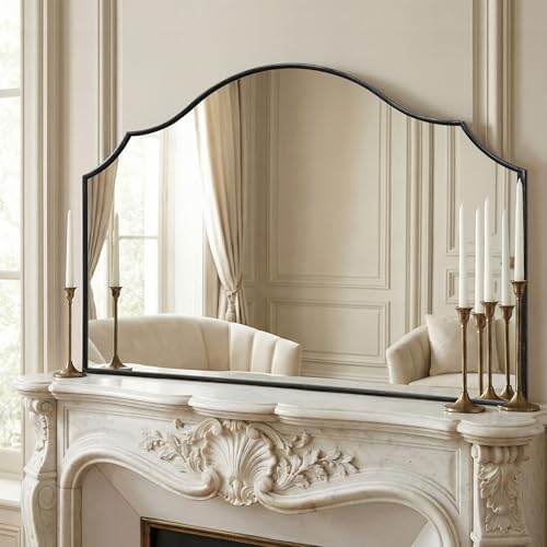 Besdomus Black Scalloped Wall Mirror: 47"x31" Large Wooden Fireplace Mirror by Besdomus