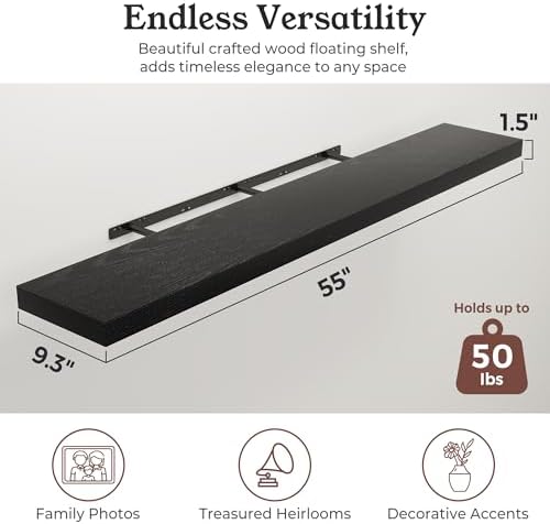 48" Black Floating Shelves Wood Wall Shelf - Image 2