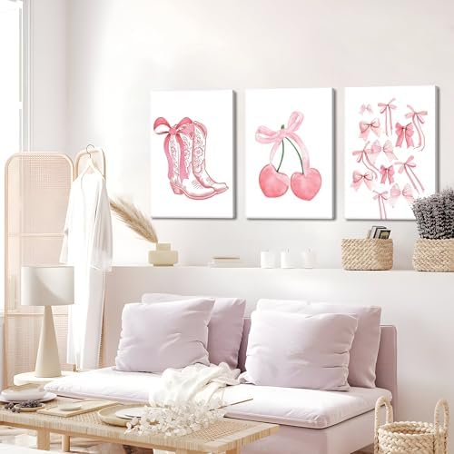 Fashion Pink Bows Wall Art Set of 3, Preppy Watercolor Cherry Cowboy Boots Wall - Image 7