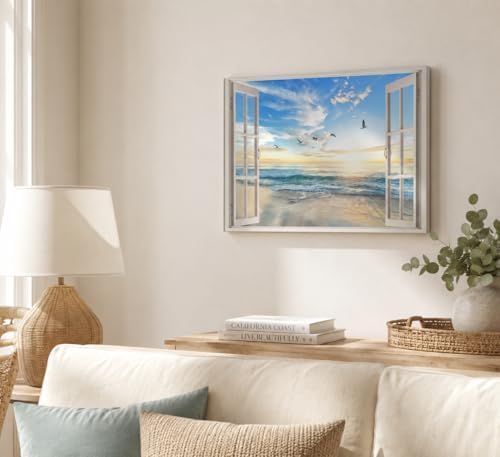 Birnsen Coastal Window Canvas Wall Art Ocean Beach Sunset Painting Picture Wall - Image 4