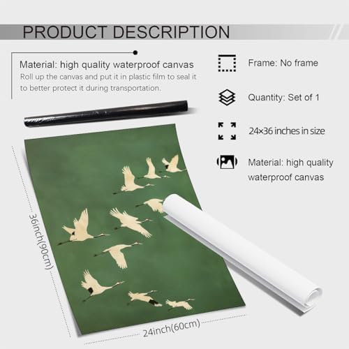 Emerald Green Gold Cranes Wall Art Japanese Bird Poster Vintage Minimalist - Image 2