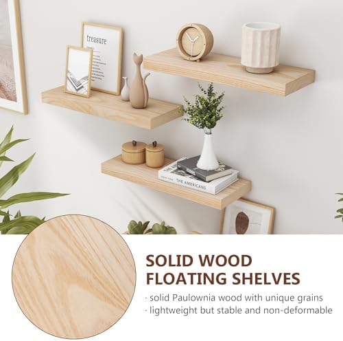 fuqing Natural Wood Floating Shelves, 17 Inch Wooden Wall Shelves Set of 3 - Image 4