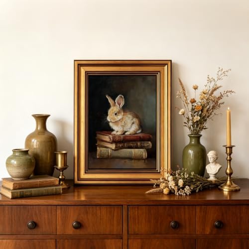IMNTSD Framed Vintage Rabbit Wall Art, Bunny on Antique Stacked Books Still - Image 6