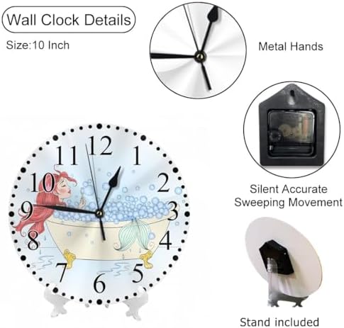 Redhead Mermaid Wall Clock 10 Inch Battery Operated Cute Cartoon Woman Bathroom - Image 3