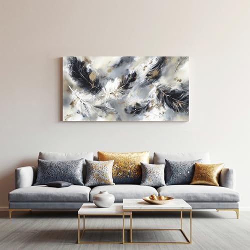 YISXINOAG Black White Abstract Wall Art Modern Feather Painting 20"X40" - Image 4