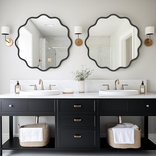 PROHOMEWARE Black Round Mirror 28 Inch Wavy Bathroom Vanity Mirror Gold Frame - Image 2