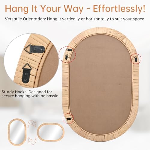 FUIN 20" x 30"Handcrafted Rattan Oval Wall Mirror – Natural Woven Wicker Frame - Image 3