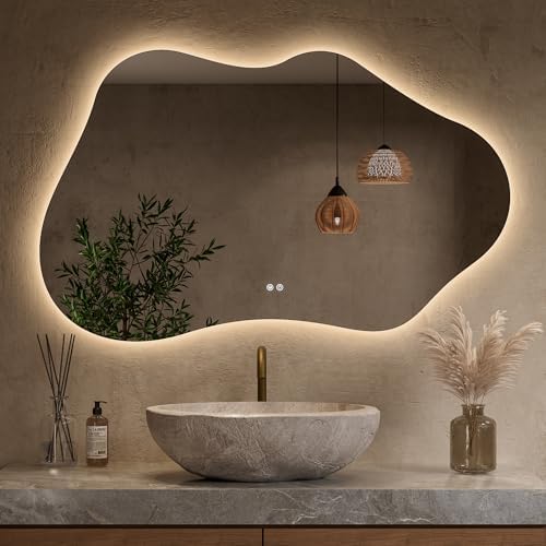 Keonjinn 48 x 30 Inch Irregular Backlit Bathroom Mirror, HD Tempered Glass by Keonjinn