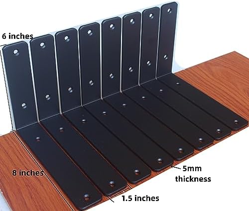 10 Pack - L 8" x H 6" x W1.5, 5mm Thick Black L Shelf Bracket, Iron Shelf - Image 2