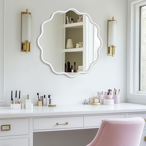 PROHOMEWARE White Round Mirror 24 Inch Wavy Bathroom Vanity Mirror White Frame - Image 7