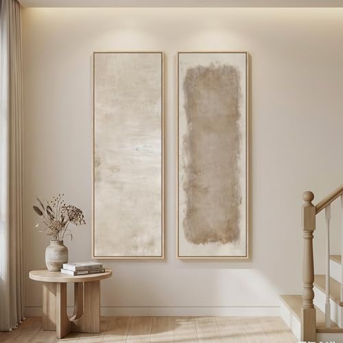 Large Framed Beige Cream Abstract Vertical Wall Art by Cuspin