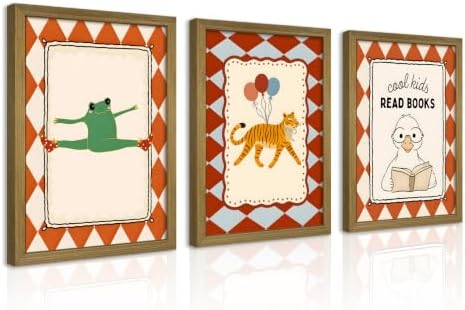 Framed Vintage Nursery Canvas Wall Art Set of 3, Frog Tiger Duck Animal Wall by Unknown