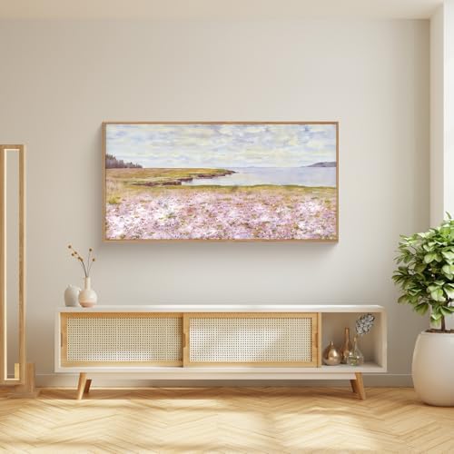 Watercolor Pink Floral Coastal Landscape Framed Canvas Wall Art-20"x40"x1 - Image 3